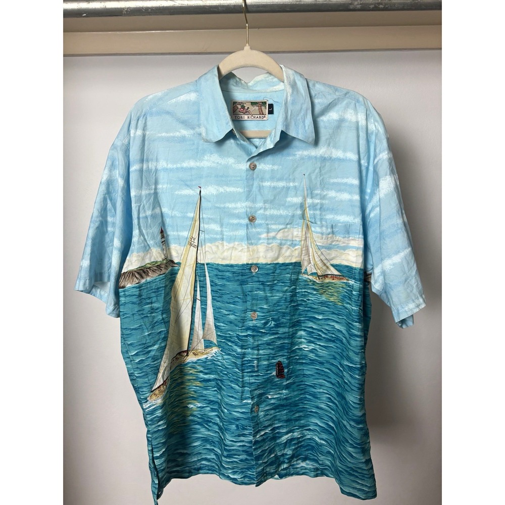 Tori Richard Men’s L Blue Nautical Sailboat Graphic Print Short Sleeve Button-Up